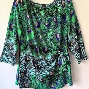 MT Collection Sz XL Stretch Long Sleeve Top Blouse Peacock Print Waist Knot